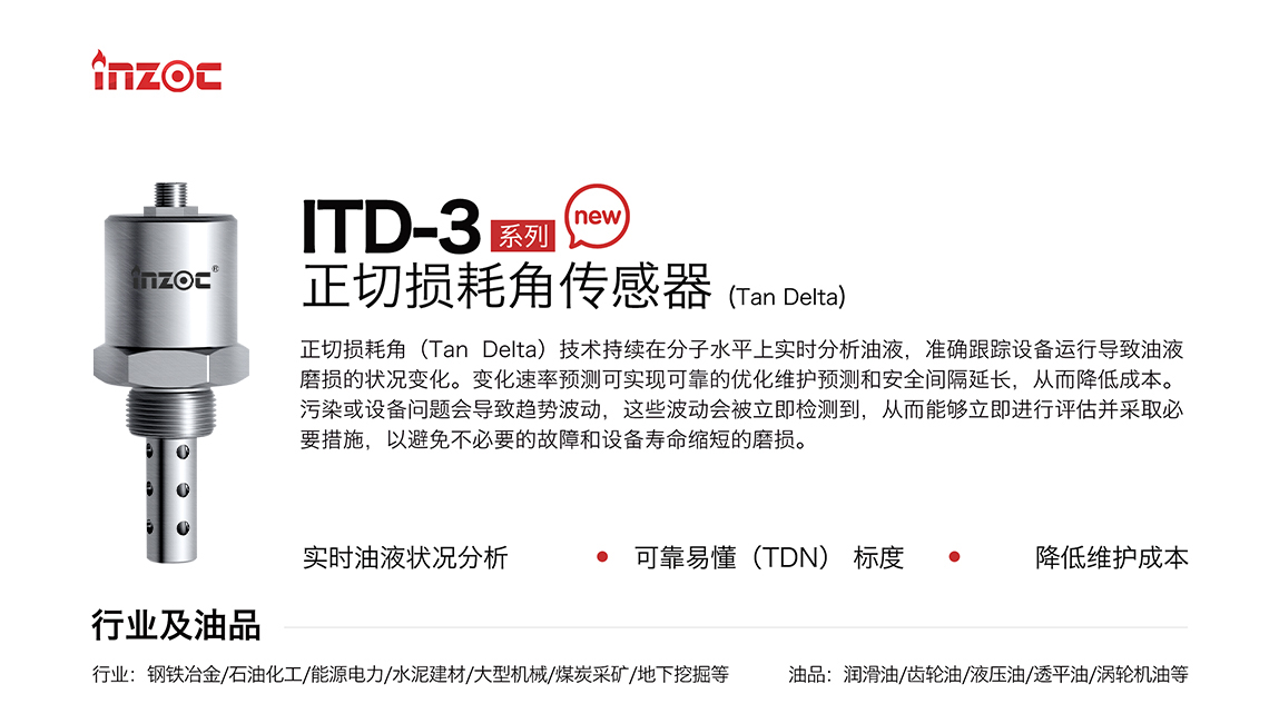 ITD-3系列油液正切損耗角(Tan Delta)傳感器技術(shù)持續(xù)在分子水平上實(shí)時(shí)分析油液，準(zhǔn)確跟蹤設(shè)備運(yùn)行導(dǎo)致油液磨損的狀況變化。變化速率預(yù)測可實(shí)現(xiàn)可靠的優(yōu)化維護(hù)預(yù)測和安全間隔延長，從而降低成本。污染或設(shè)備問題會(huì)導(dǎo)致趨勢波動(dòng)，這些波動(dòng)會(huì)被立即檢測到，從而能夠立即進(jìn)行評(píng)估并采取必要措施，以避免不必要的故障和設(shè)備壽命縮短的磨損。應(yīng)用行業(yè):鋼鐵冶金/石油化工/能源電力/水泥建材/大型機(jī)械/煤炭采礦/地下挖掘等;檢測油品:潤滑油/齒輪油/液壓油/透平油/渦輪機(jī)油等
