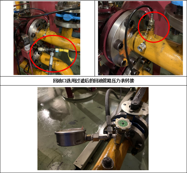 進(jìn)油口選取軋機(jī)回油到過(guò)濾器前的測(cè)壓接頭轉(zhuǎn)接